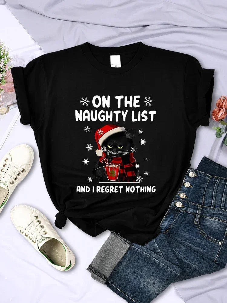 Christmas T-Shirt Santa Cat on the Naughty List & I Regret Nothing Fashion Top for Holiday Fun Milanni Fashion Black XXXL