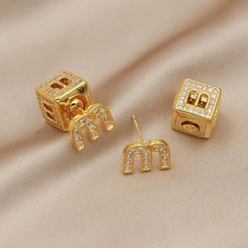 Crystal Double Side Letter M Stud Earrings Fashion Jewelry Luxury Zircon Square Earrings  Milanni Fashion   