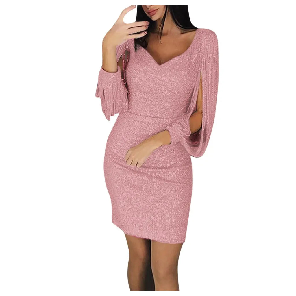 New Sequin Bodycon Mini Dress Sexy Tassel Sleeve V-Neck Party Outfit for Women Milanni Fashion