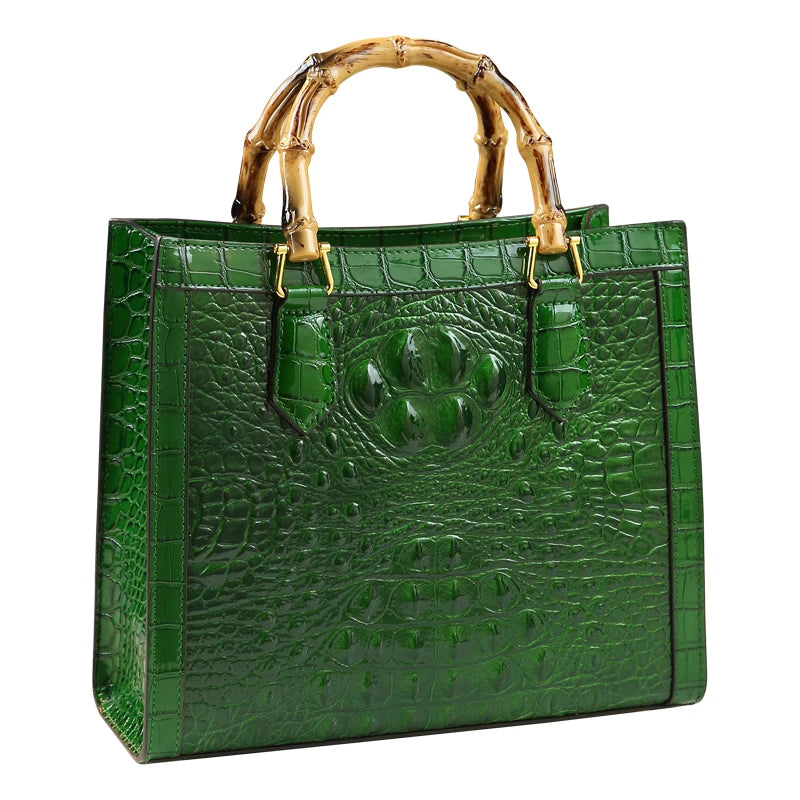 Genuine Leather Bamboo Handle Crocodile Pattern Tote Bag Stylish and Portable Handbag for Women Milanni Fashion