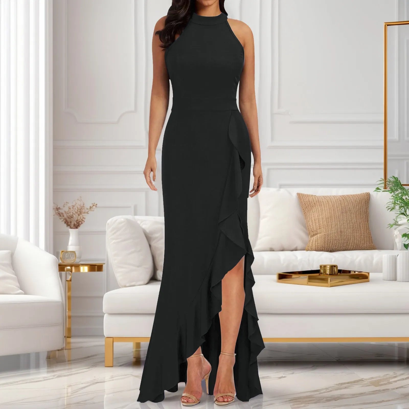 Women Sleeveless Slim Fit Ruffle Long Dress Maxi Dress Milanni Fashion Black XL CN