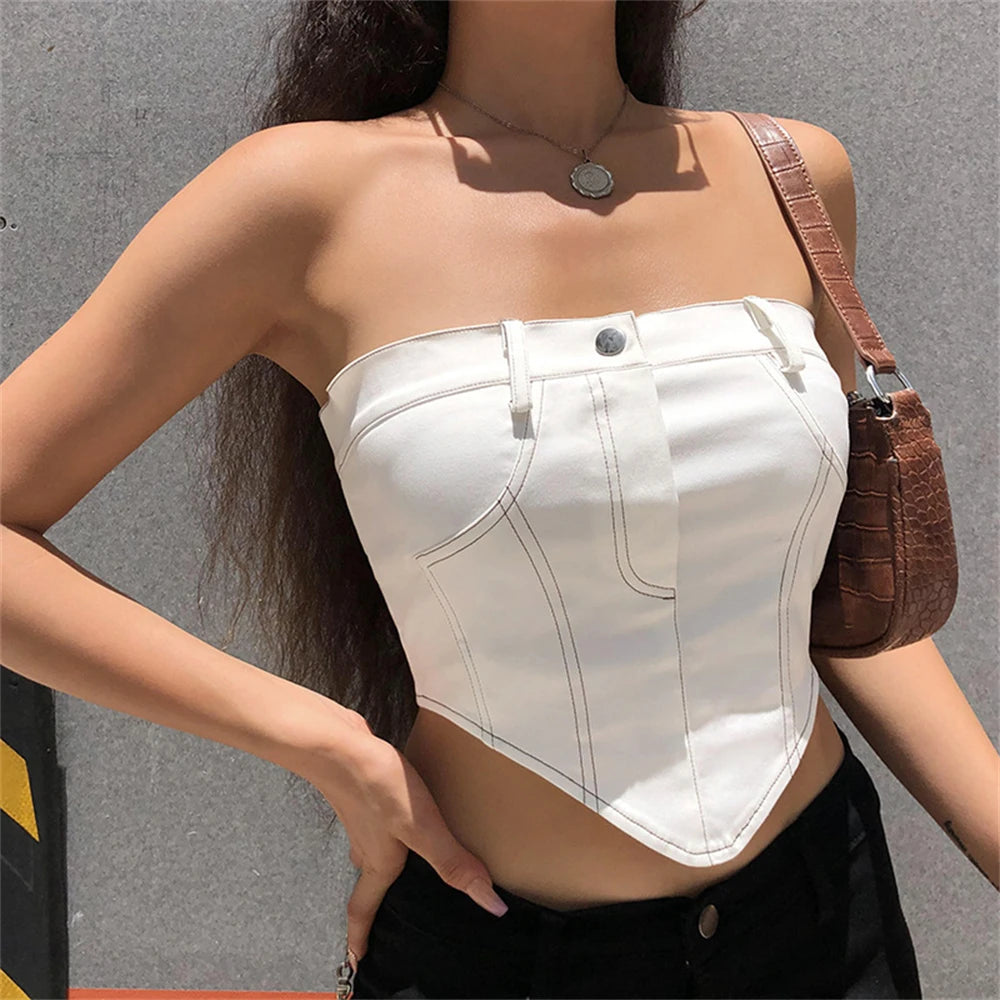 Sexy Camisole New Design Crop Tube Top Women Jeans Button Zipper Backless Denim Bustier Streetwear  Milanni Fashion   