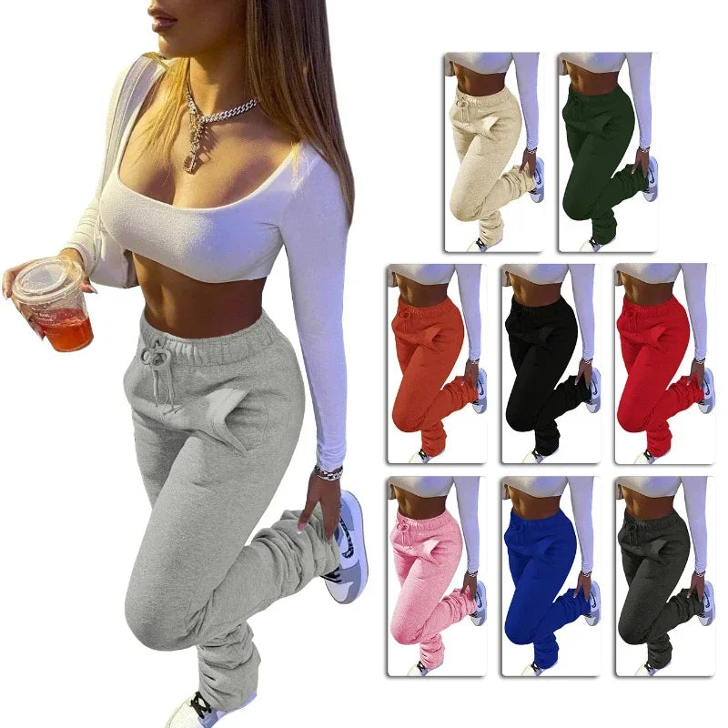 Plain Pocket Sweatpants Mid Waist Drawstring Ruched Women Pants  Milanni Fashion   