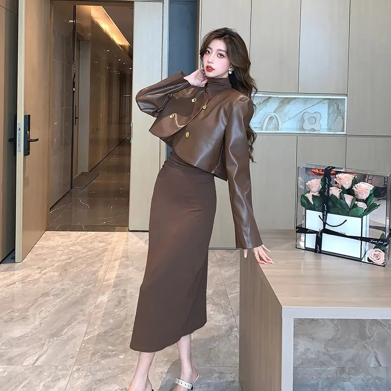 Retro O Neck Loose Short PU Leather Coat Jacket Slim High Neck Long Dress Two Piece Women Dress Suit Milanni Fashion