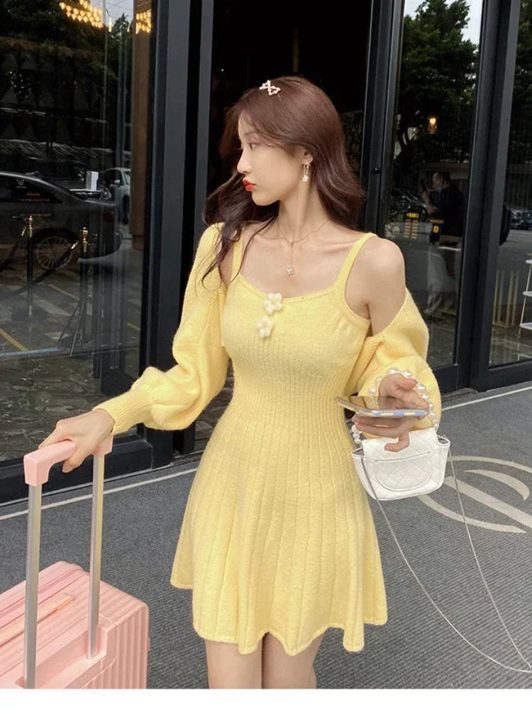 Knitted Two-Piece Dress Set for Women Casual Long-Sleeve Coat and Sleeveless Strap Dress Outfit Milanni Fashion