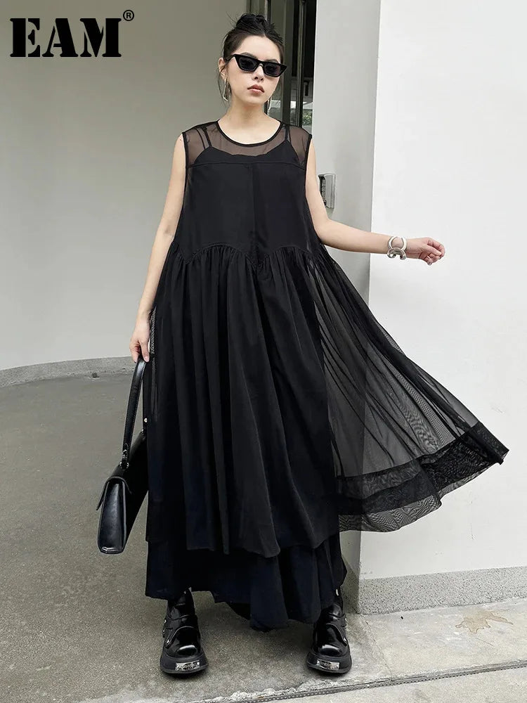 Women Black Mesh Perspective Pleated Big Size Elegant Dress Maxi Dress Milanni Fashion   