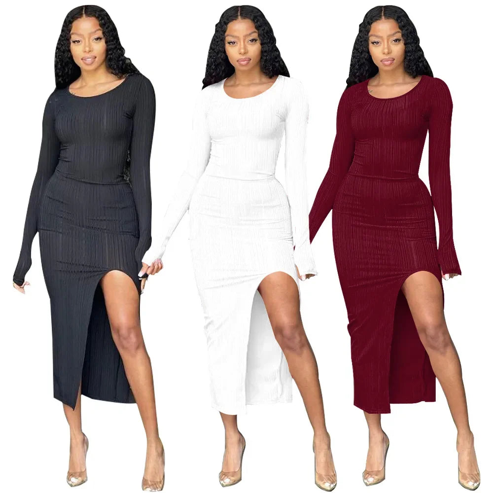 Women's Sexy Side Slit Cross-border Ribbed Round Neck Autumn Dress Midi Dress Milanni Fashion   