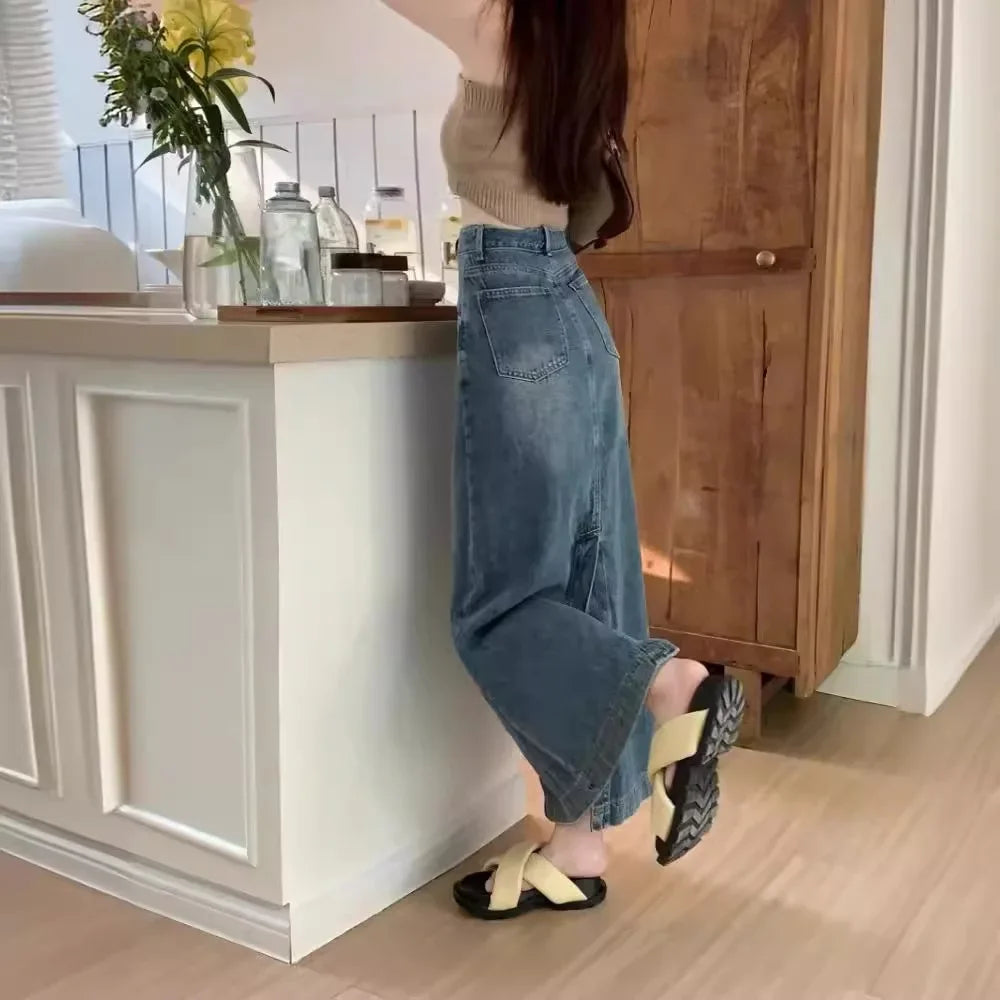 Plus Size Vintage Denim Skirt Women's Autumn Petite High-waisted Slimming A- line Long Dress Trendy Side Slit American Style  Milanni Fashion   