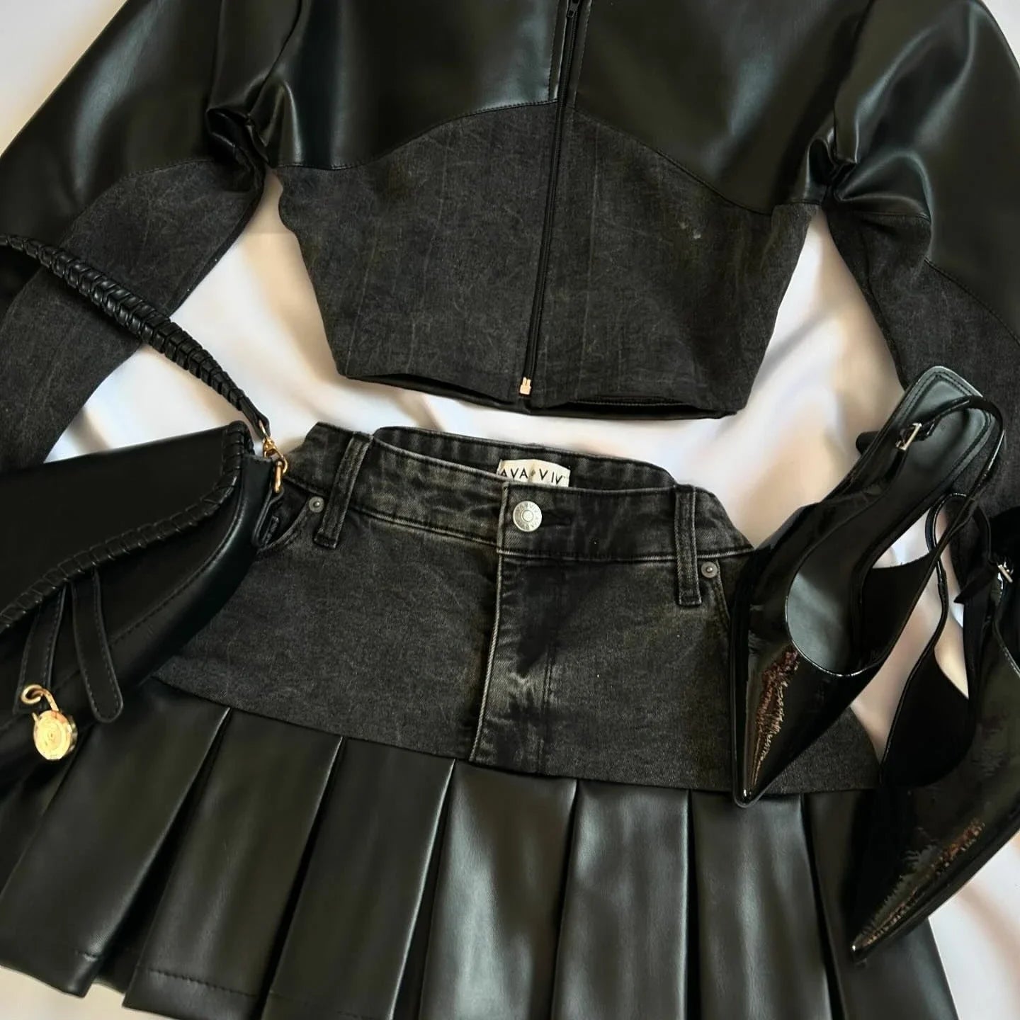 PU Leather Spliced Denim Black Skirt Harajuku Gothic Zipper Jacket Two-Piece Set for Women Milanni Fashion