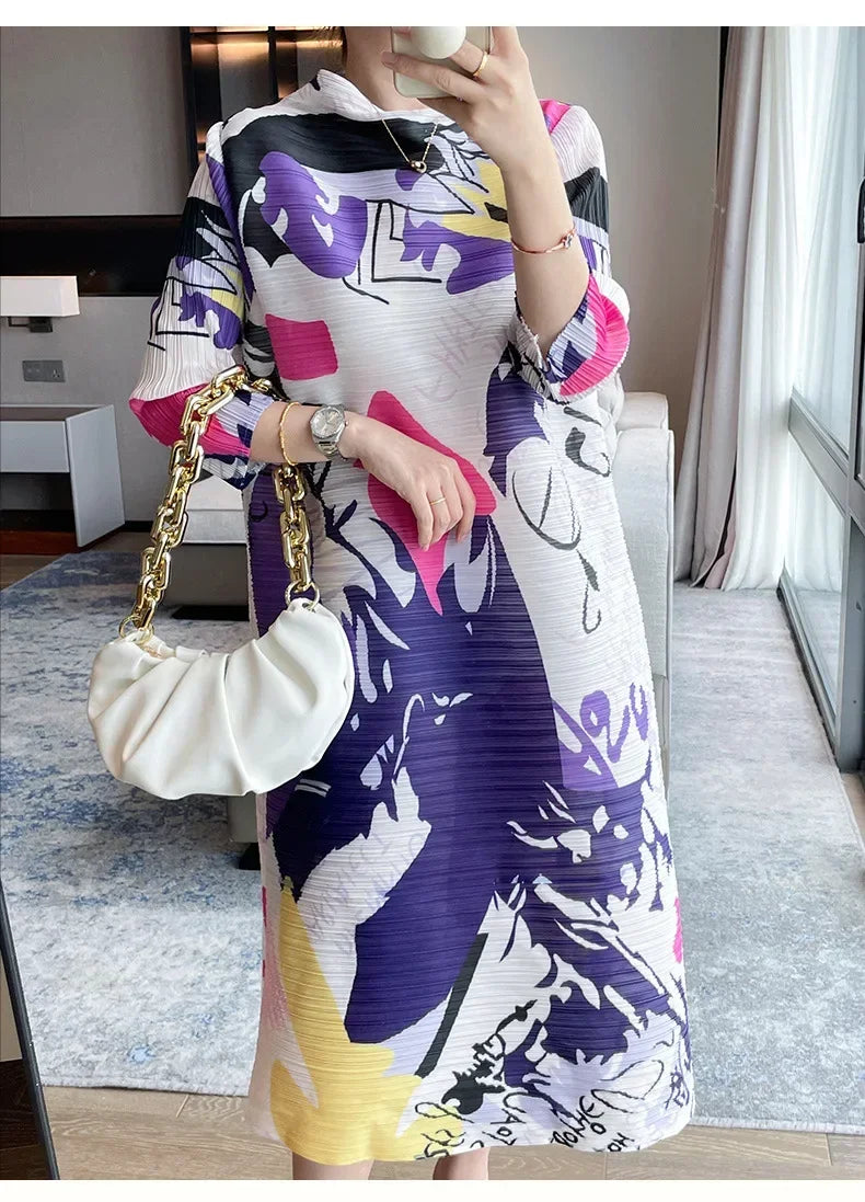 Fall New Senior Sense of Printing Loose Pleated Dress Women Temperament Ageing Thin Dress  Milanni Fashion   