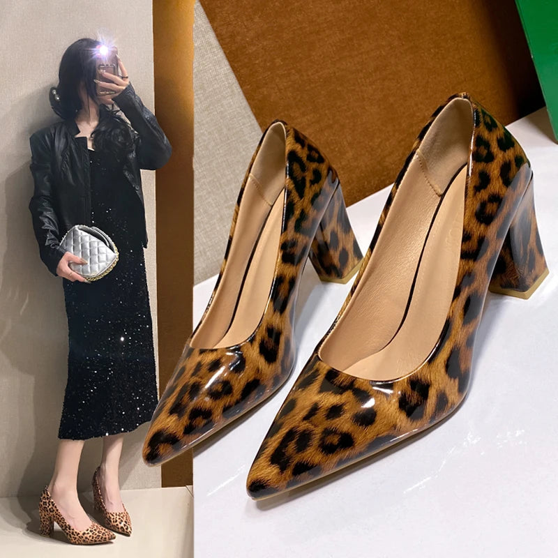 Leopard Pointed Toe Women Shoes Shallow Pumps Fashion Spring New Sexy Dress Sandals Mid Heels Milanni Fashion