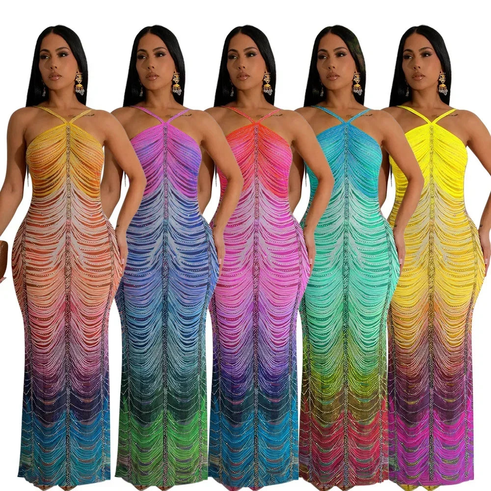 Beach Tie Dye Print Diamonds Strap Halter Women's Long Dress Midi Dress Milanni Fashion   