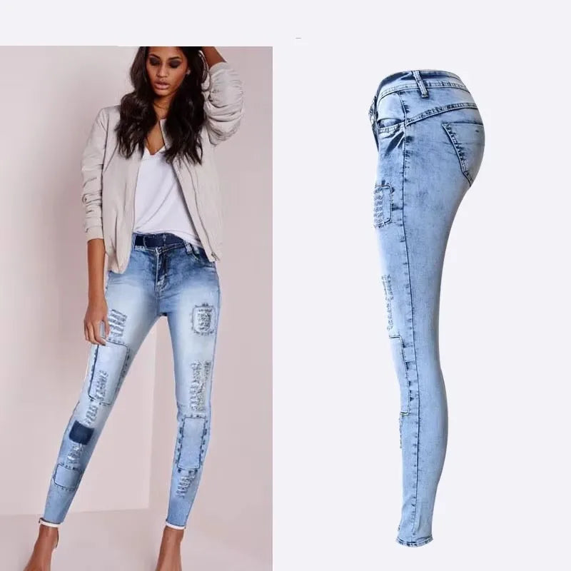 Trendy Style Low Waist Sky Blue Patchwork Skinny Tights Women Pencil Jeans  Milanni Fashion   