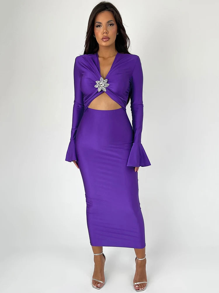 Elegant Hollow Out Sexy Maxi Dress For Women Spring New V Neck Long Flare Sleeve Bodycon Club Party Evening Dress Maxi Dress Milanni Fashion Purple S 