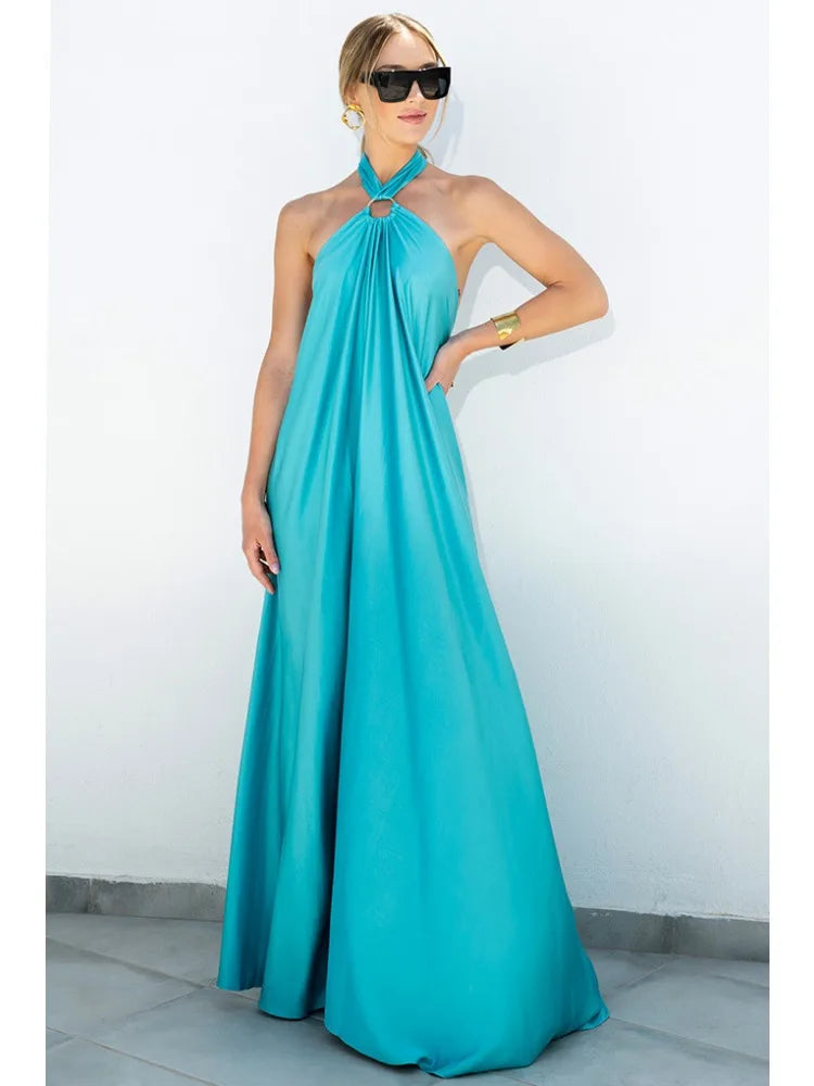 Satin Sexy Women Long Dress Fashion Elegant Halter Sleeveless Party Evening Dress Maxi Dress Milanni Fashion   