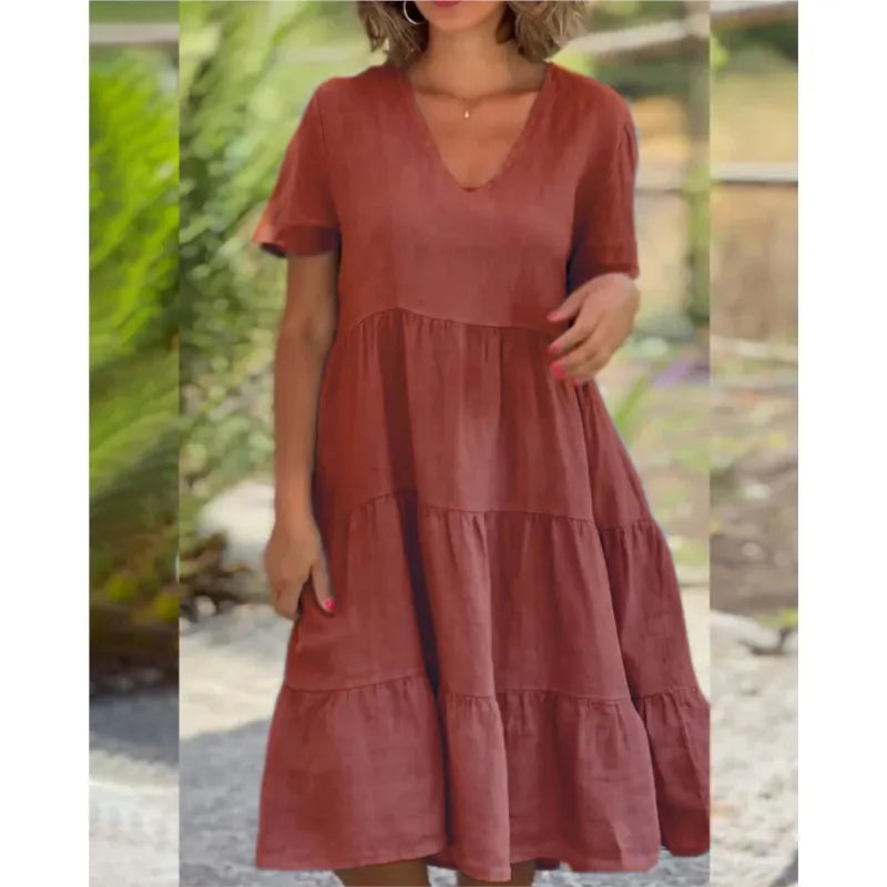 Trendy V-Neck Pullover Dress Loose Mid-Length Swing Casual Summer Dress for Women Milanni Fashion