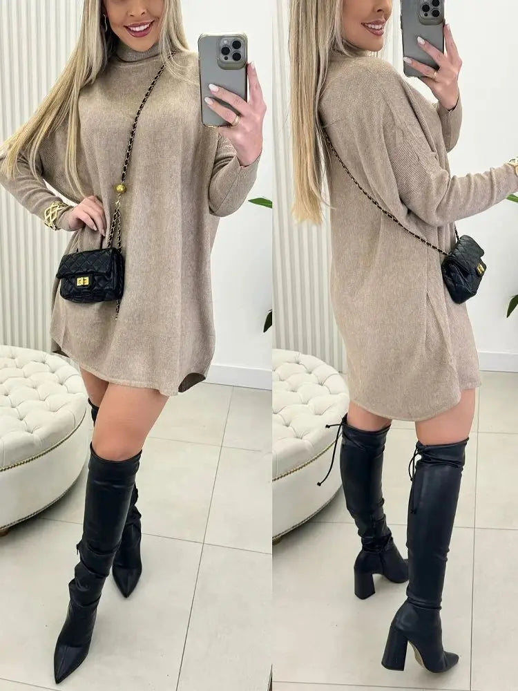 High Neck Batwing Sleeve Sweater Dress Knitted Casual Fall and Winter Dress  Milanni Fashion Beige S 