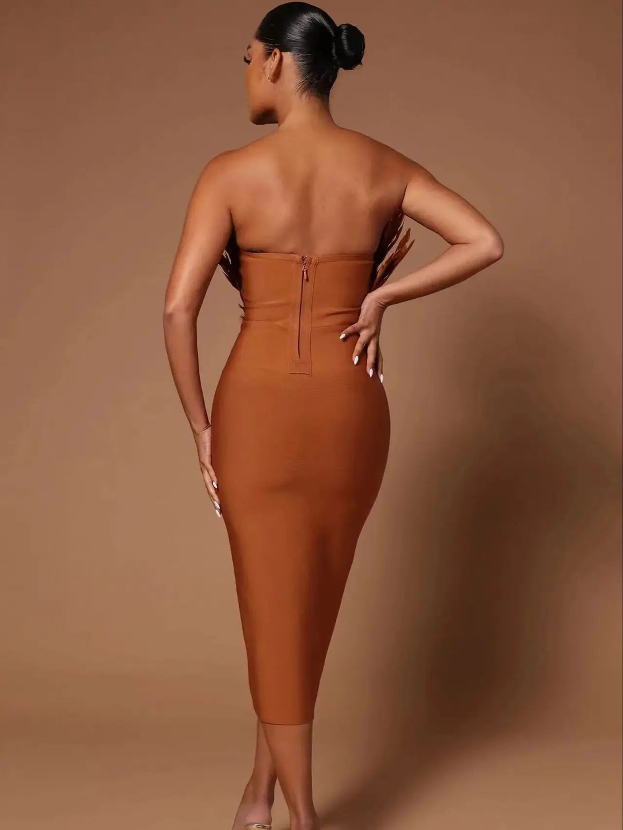 Women Sexy Strapless Brown Feathers Bodycon Bandage Dress Elegant Midi Evening Club Party Dress Midi Dress Milanni Fashion   