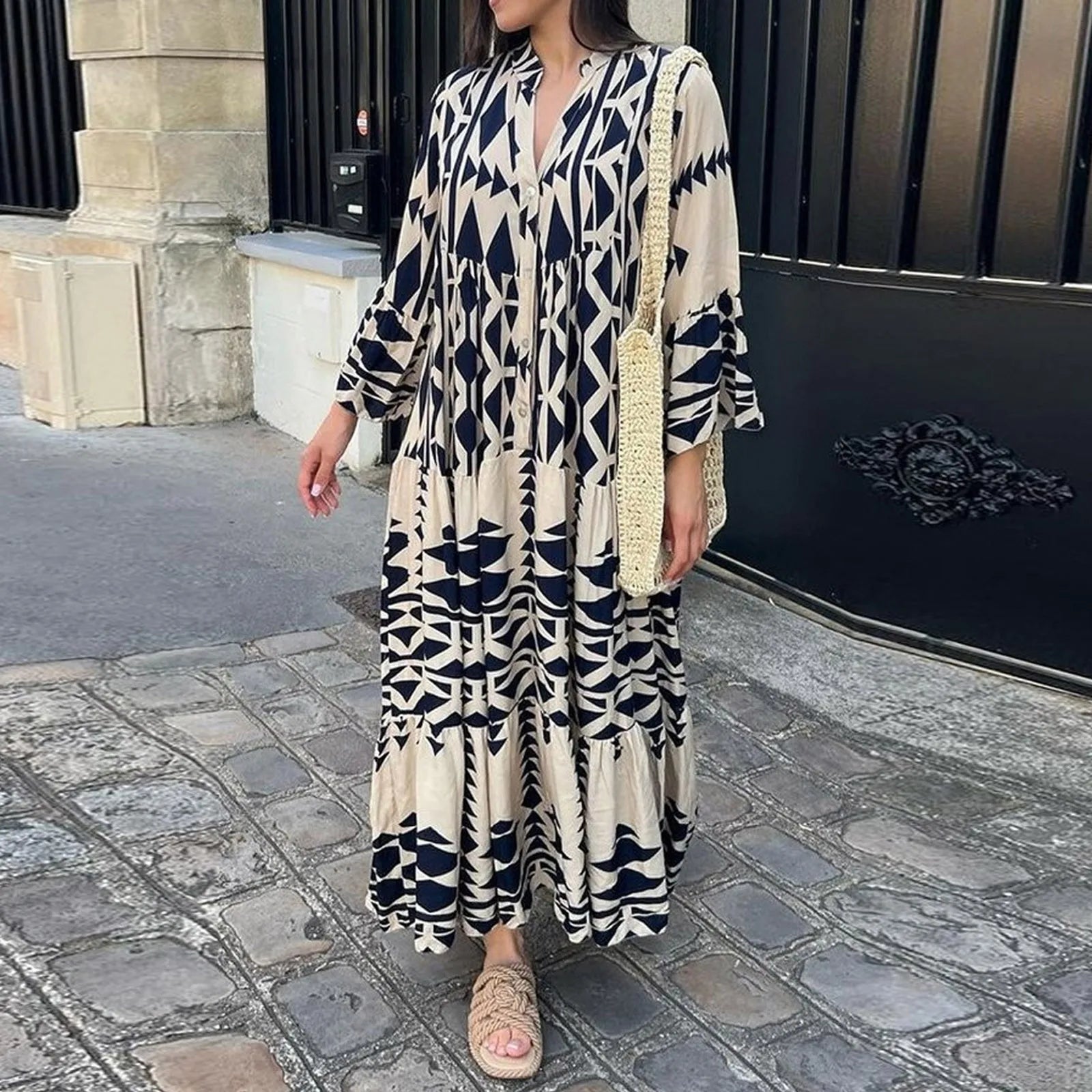 Women Long Sleeve Pleated Boho Print Long Dress Maxi Dress Milanni Fashion   