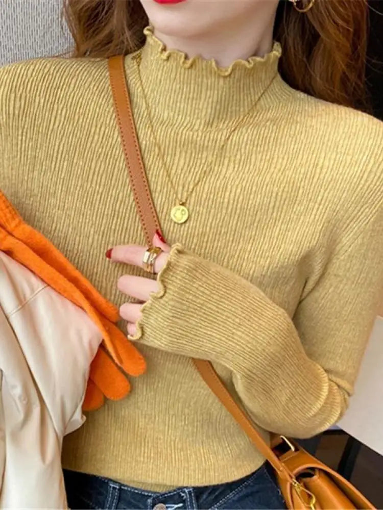 Turtleneck Ruched Women Sweater High Elastic Solid Fall Winter Fashion Sweater for Casual Wear Milanni Fashion Yellow One Size