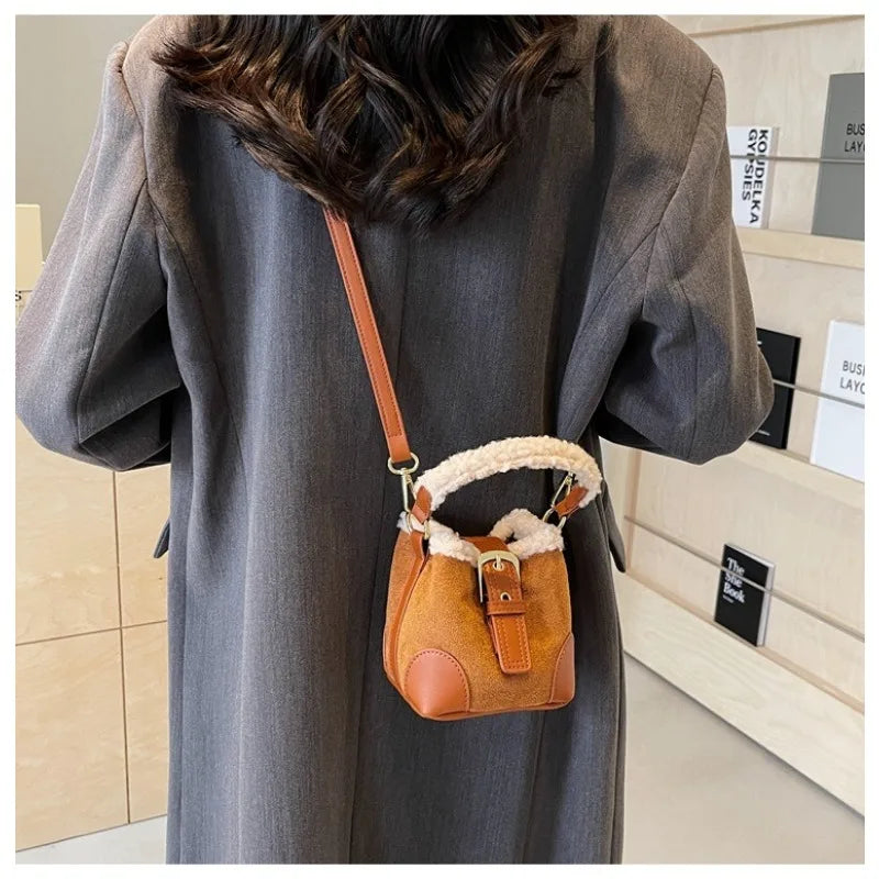 Lamb Wool Casual Bucket Crossbody Bag Women's Luxury Deerskin Fleece Leather Shoulder Handbag Milanni Fashion