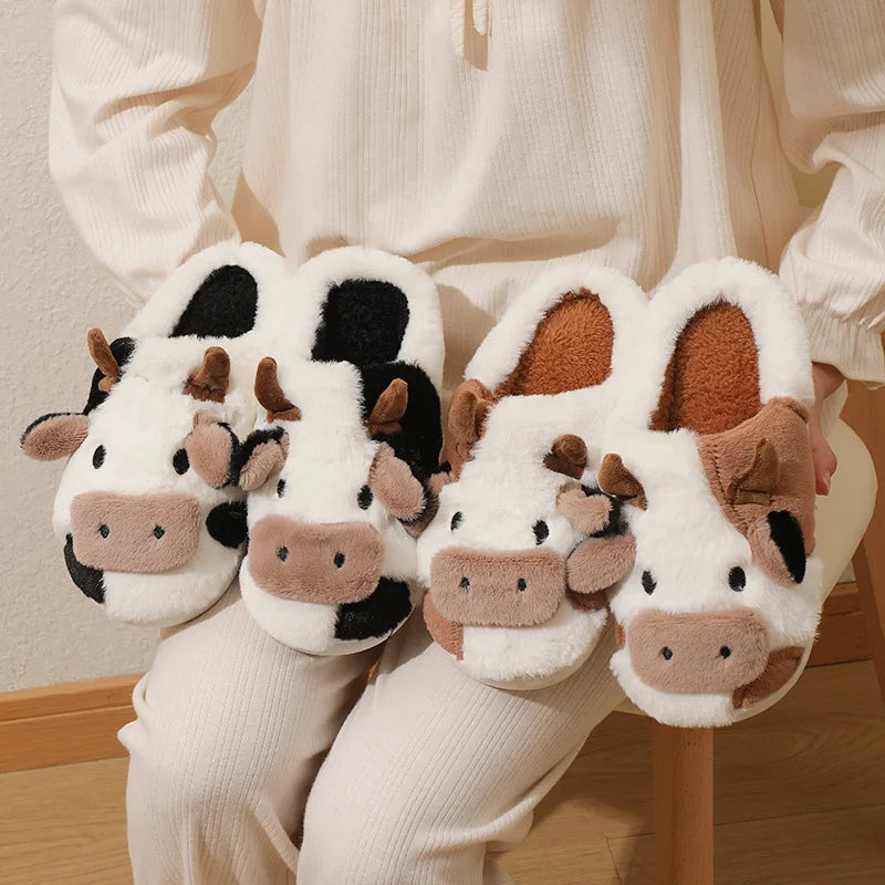 Cute Fluffy Cow Slippers Kawaii Winter Warm Cartoon Milk Cow House Slippers Cozy Footwear for Women Milanni Fashion