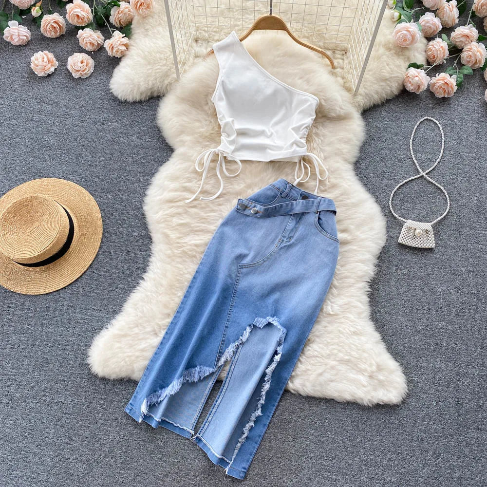 Summer Denim 2-Piece Set for Women One-Shoulder Drawstring Top & Slit Irregular Skirt Milanni Fashion