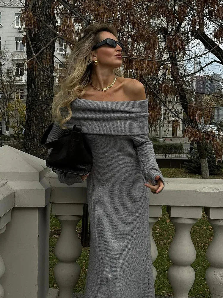 Off Shoulder Maxi Knitted Dress for Women Autumn Winter Fashion Elegant Chic Long Sleeve Dress Maxi Dress Milanni Fashion