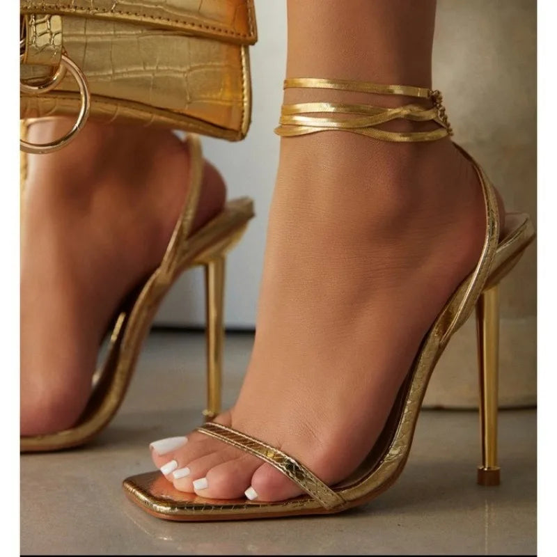 Super High Heel Women's Sandals Summer New Square Toe Sling Backs Women Sexy High Heels  Milanni Fashion Gold 43 