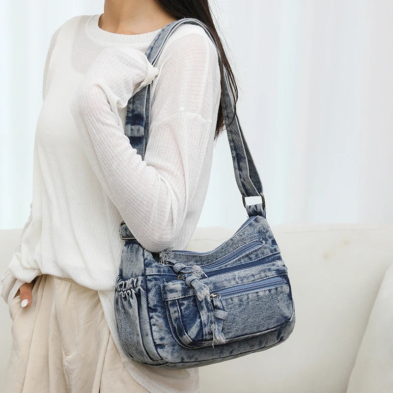 Washed Denim Shoulder Bag Women Small Canvas Messenger Bag  Milanni Fashion   