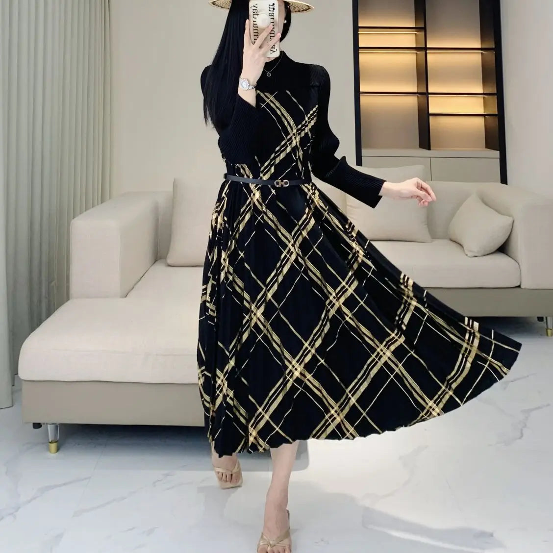 Fall Temperament Casual Pleated Skinny Pleated Skirt Women Clothing Maxi Dress Milanni Fashion   