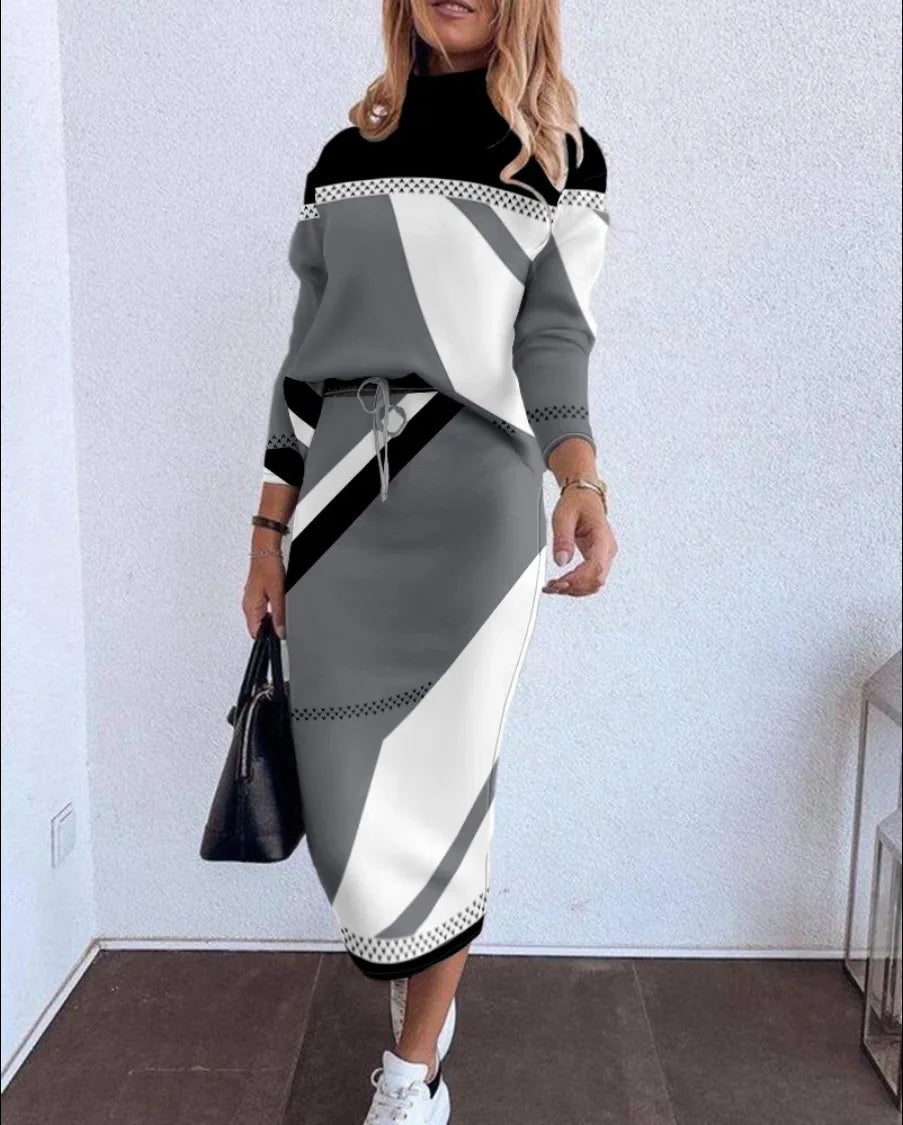 Elegant Turtleneck T-Shirt and Skirt Two-Piece Set Printed Top with Pencil Dress Stylish Outfit for Women Milanni Fashion Dark Grey XL