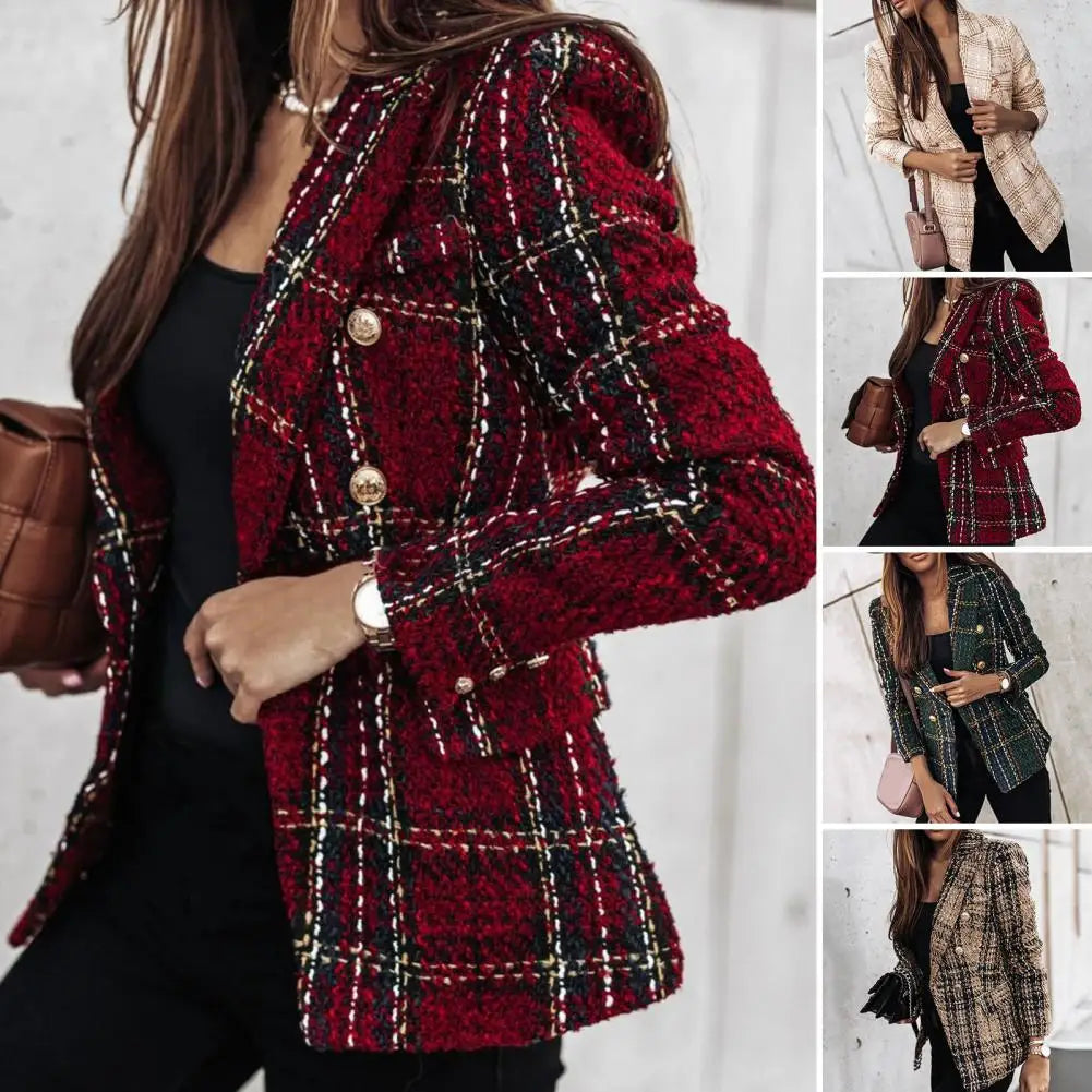 Blazer Plaid Print Lapel Long Sleeves Autumn Blazer Thick Double-Breasted Cardigan Stylish Outerwear Milanni Fashion