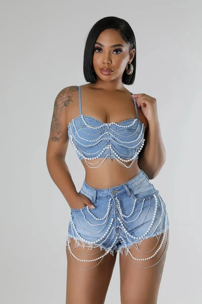 Strapless Pearl Beaded Denim Set Sexy Two Piece Jean Outfit with Top & Shorts for Women Milanni Fashion Blue XL