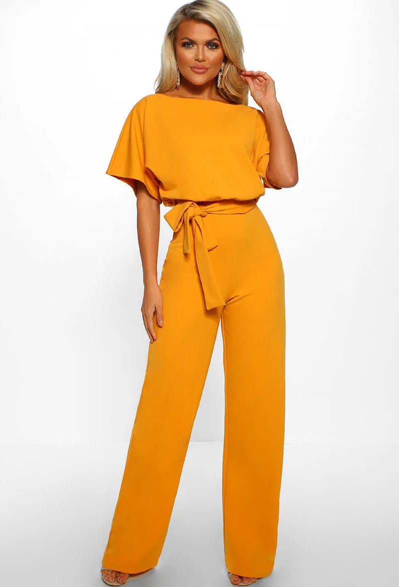 Short Sleeve Hollow Waist Tie Wide Leg Pants Bodysuit Solid Color Overall Fashionable Jumpsuit for Women Milanni Fashion