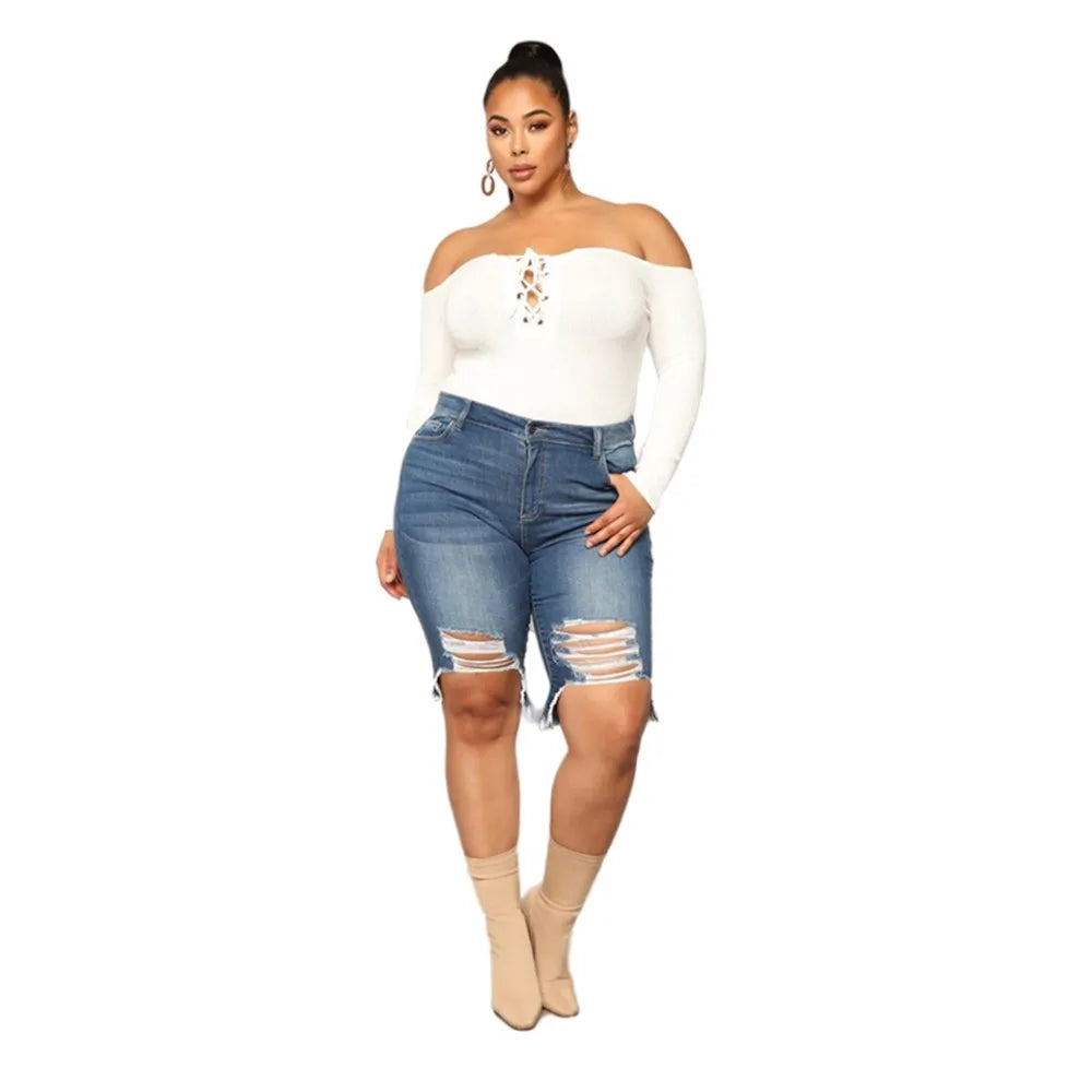 Plus Size High Waist Bodycon Stretch Knee Length Denim Shorts for Women Fashion Streetwear Milanni Fashion