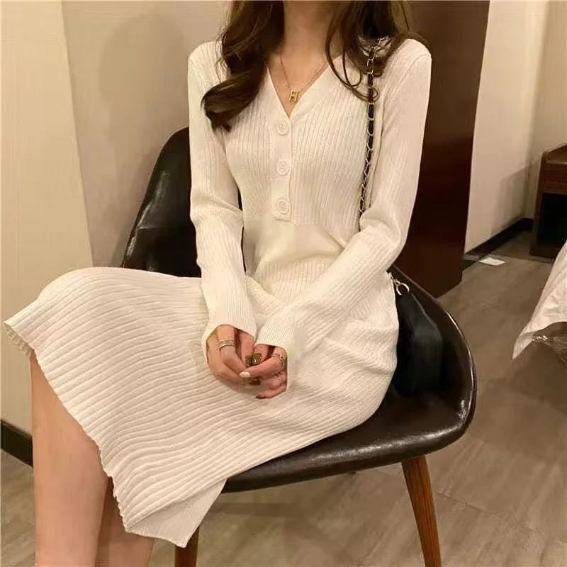 Winter Slim Women Long Dress V Neck Sexy High Waist Knitted Long Sleeve Solid Color Outwear Dress  Milanni Fashion   