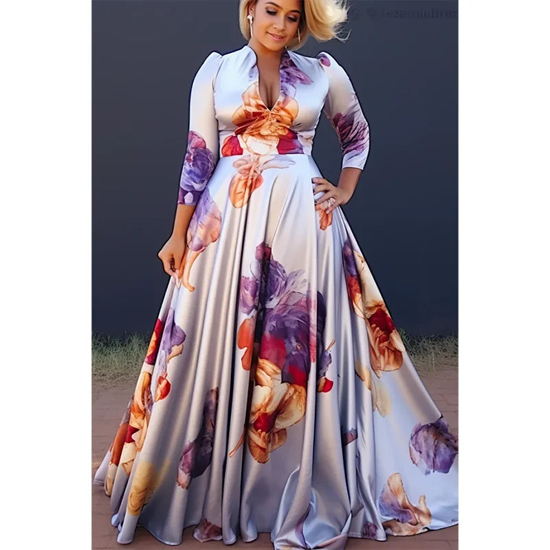 Plus Size Floral Printing Maxi Dress Elegant Multicolor V Neck 3/4 Sleeve Cotton Long Dress Maxi Dress Milanni Fashion   