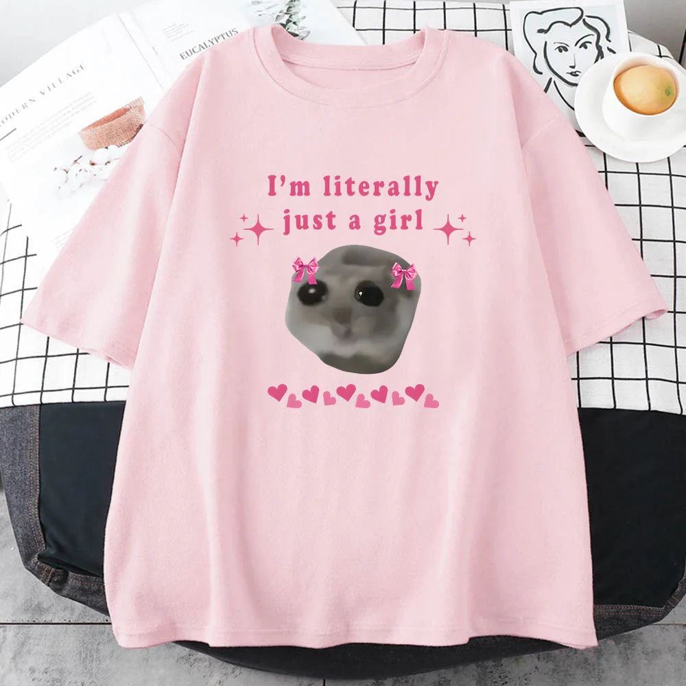 Sad Hamster T-Shirt I'm Just A Girl Letter Printing Cotton Tee for Women Casual Fun Graphic Top Milanni Fashion Pink XS