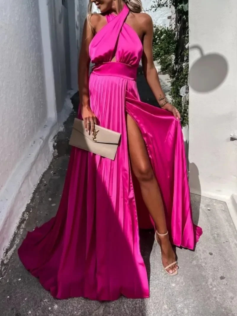 Sleeveless Cross Hanging Neck Long Dress - Bottom Split Fold Dress Maxi Dress Milanni Fashion Pink M 