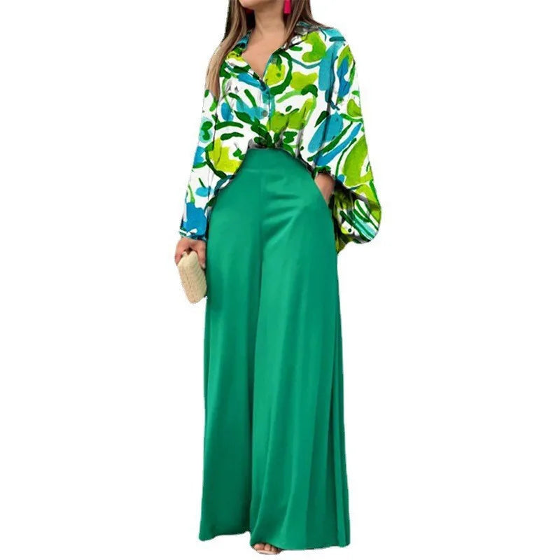 Elegant Autumn Winter Loose Print Long Lantern Sleeve Button Shirt Top Wide Leg Pant Outfit  Milanni Fashion Emerald Green XL 