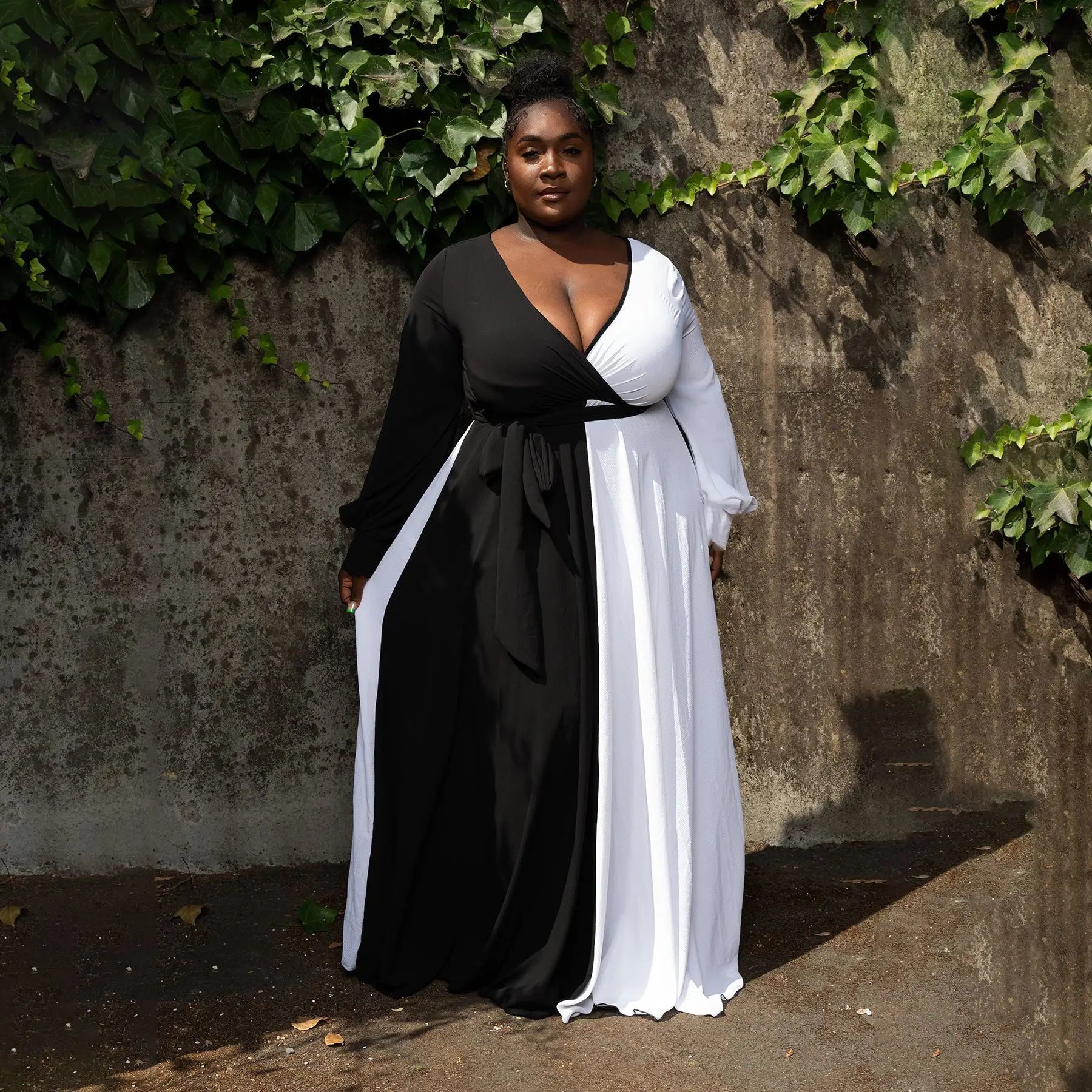 Elegant Plus Size Women Curve Black White Color Blocked Long Sleeve Wraped Sashes High Waist V-neck Slim Maxi Long Dress Maxi Dress Milanni Fashion   