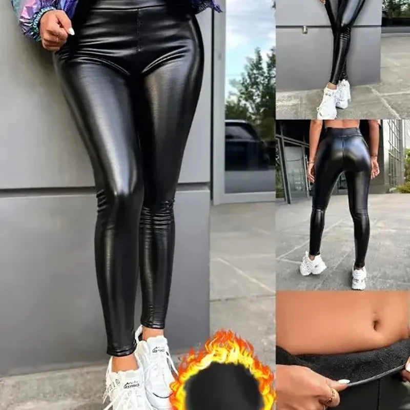 Faux Leather Thin Fleece Liner Sports Leggings, Sexy Yoga High Waist Tight Pants  Milanni Fashion   