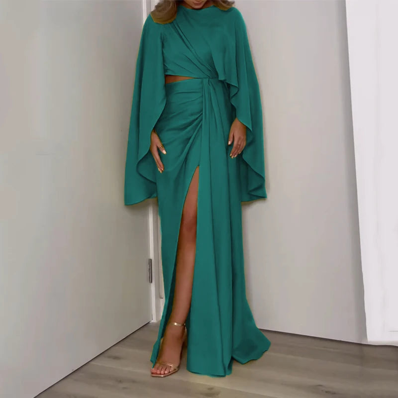 Women Elegant Solid Hollow Long Sleeve Round Neck Irregular Pleated Slit Holiday Loose Dress Maxi Dress Milanni Fashion dark green M 