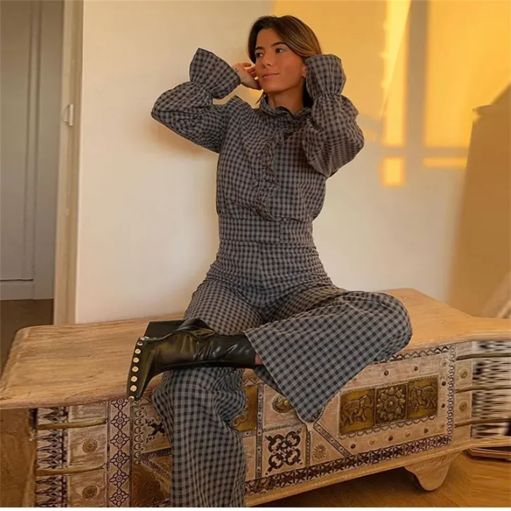 Spring Fashion Casual Plaid Long Jumpsuit with Bubble Sleeves Versatile Stylish Women's Outfit Milanni Fashion