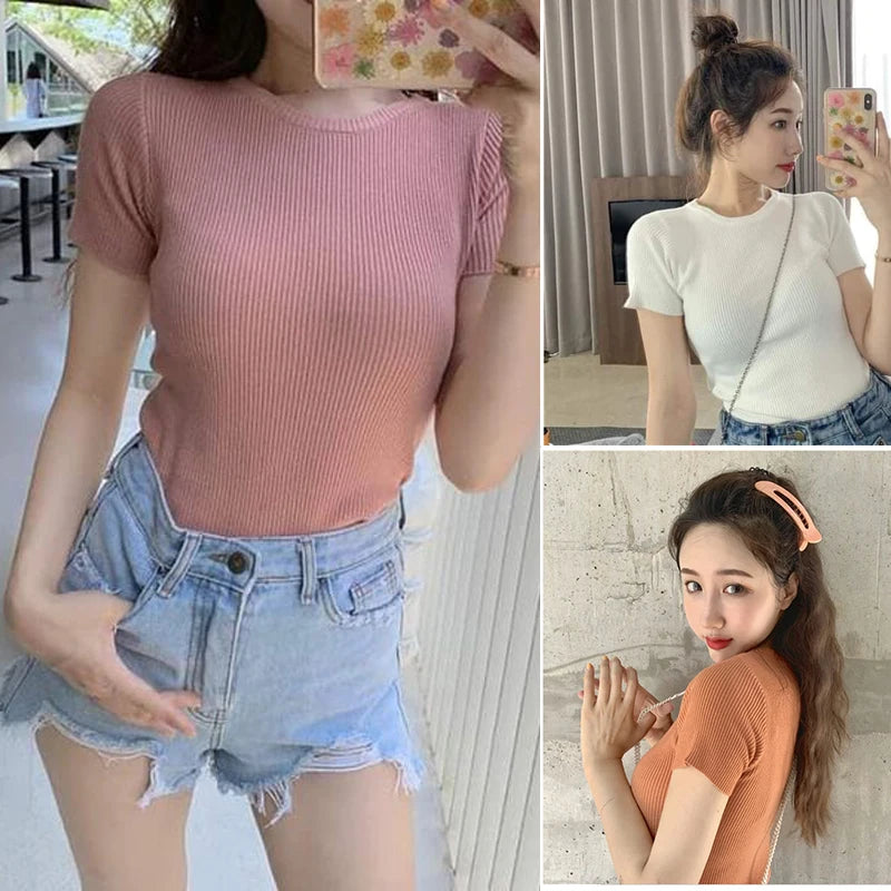 Plain Round Neck Knit Blouse for Women Short Sleeve Summer Ice Silk Shirt Comfortable Casual Wear Milanni Fashion