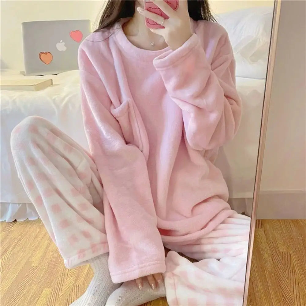 Fleece Thick Warm Women's Pajamas Set Winter Sleepwear Casual Solid Top and Plaid Pants  Milanni Fashion   