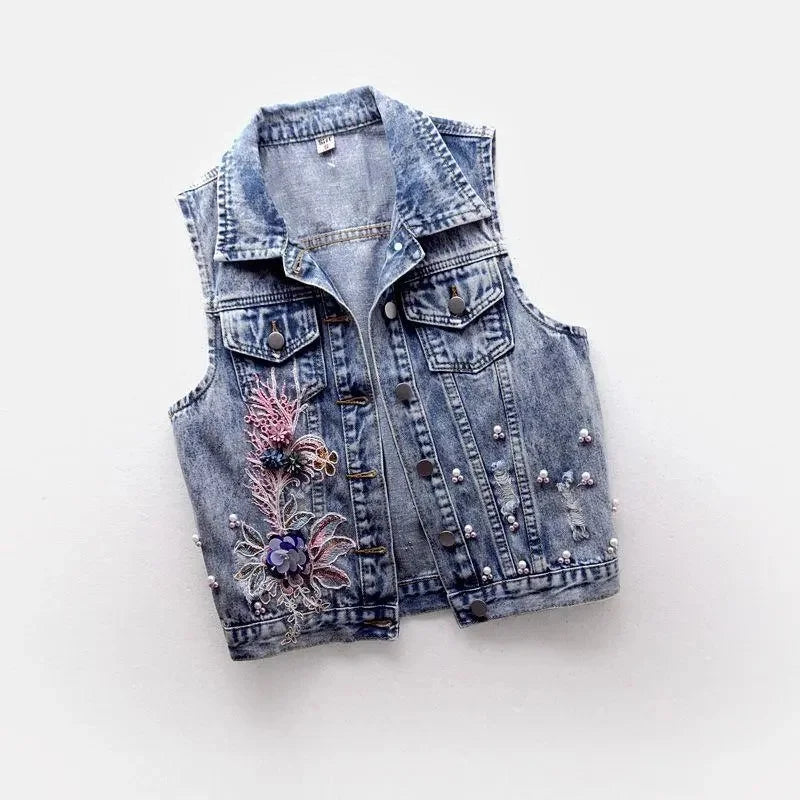 Women’s Embroidered Flower Denim Vest Beaded Waistcoat Sleeveless Slim Short Jacket Milanni Fashion