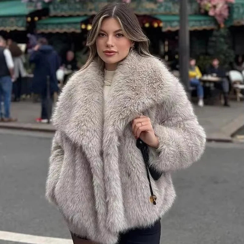 Fashion Gradient Fluffy Coat High Street Luxury Big Fur Collar Faux Fox Fur Jacket Elegant Winter Outerwear Milanni Fashion