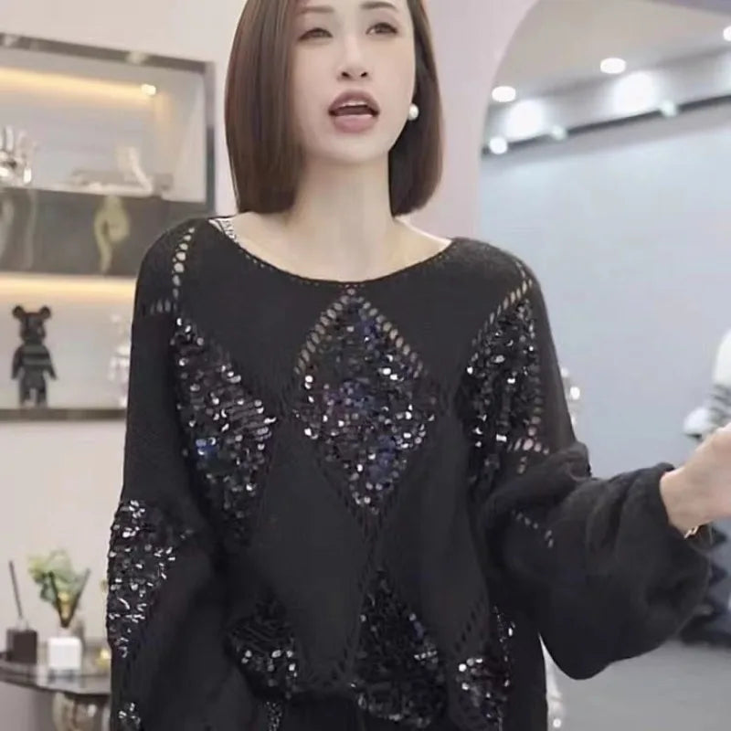 Loose Hollow Out Glitter O-neck Long Sleeve Knitwear Stylish Women’s Casual Sweater Top Milanni Fashion Black S